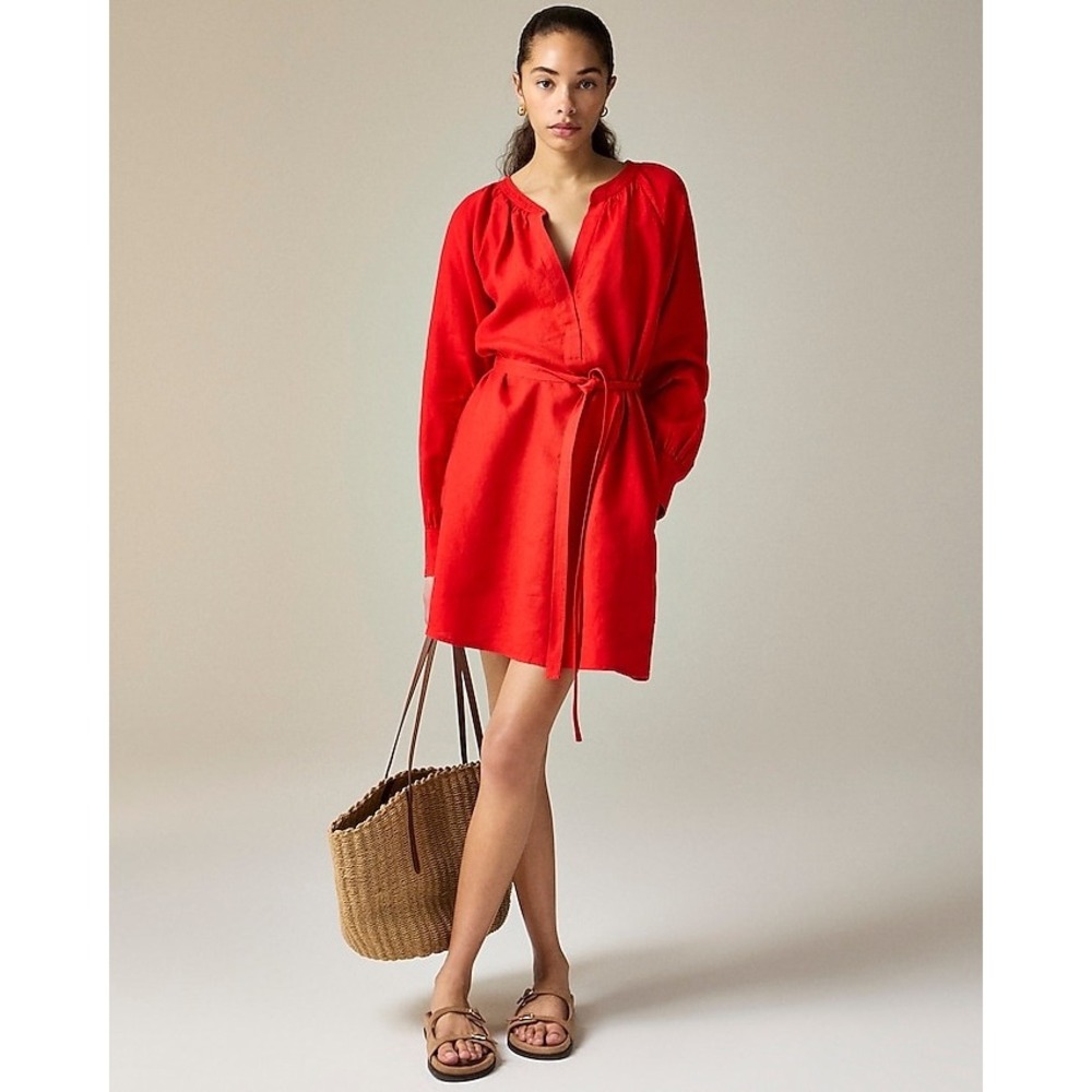 J.Crew Cabana Red Linen Belted Mini Dress Size Small Tall